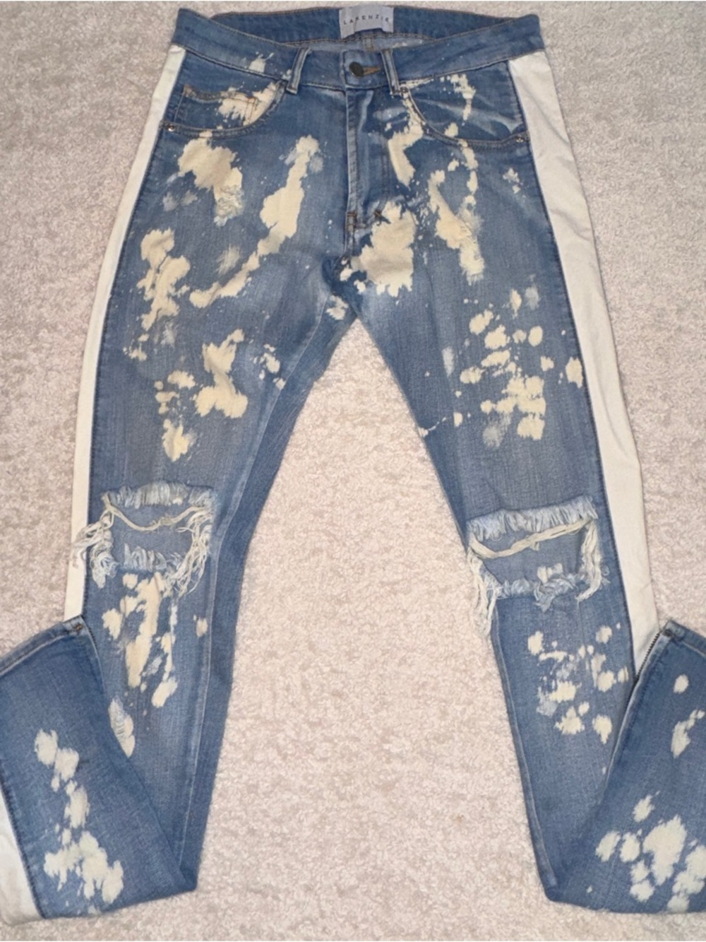 Lakenzie Blue Distressed Skinny Jeans with Cream Side Stripe